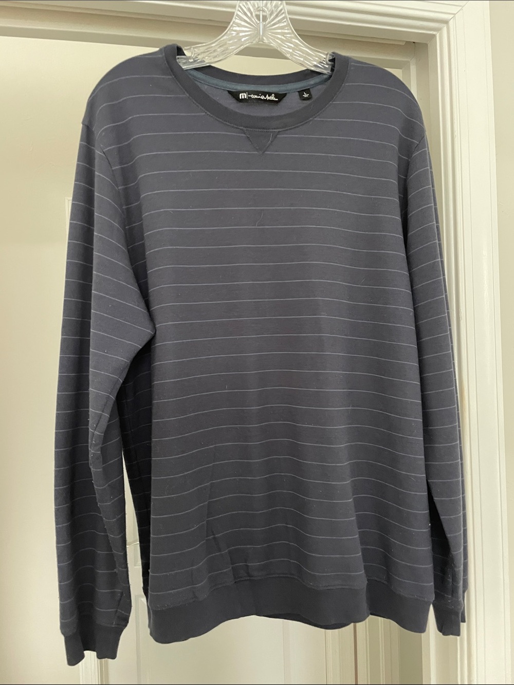 Travis Mathew Navy Thin-Stripe Crewneck Sweater